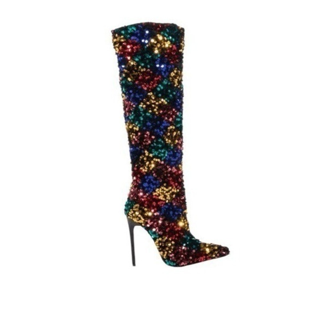 Azalea Wang Jimena Heeled Boots Rainbow Multi Sequin Embellished Stiletto 7.5 - Picture 2 of 8
